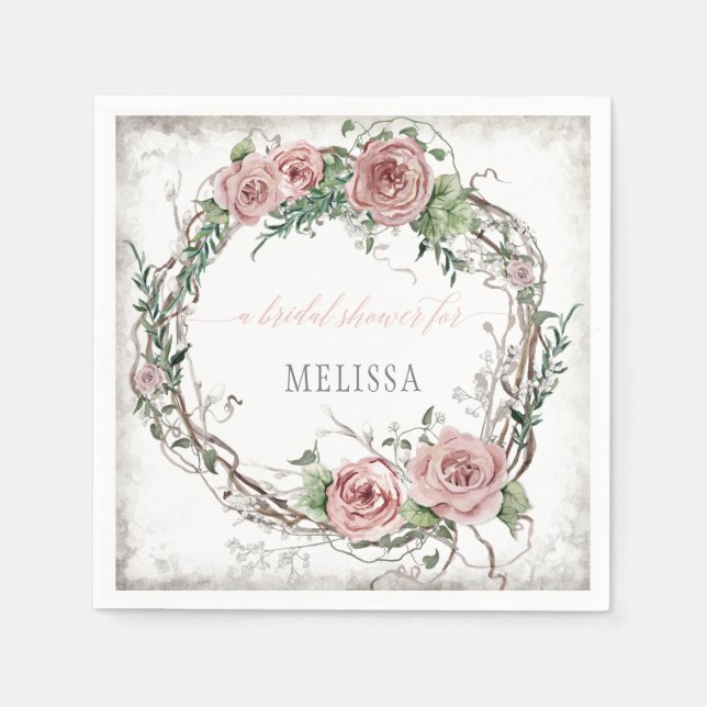 BOHO Blush Rose Floral Wreath Bridal Shower Napkins (Front)