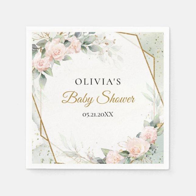 Boho blush roses and eucalyptus gold Baby shower Napkins (Front)