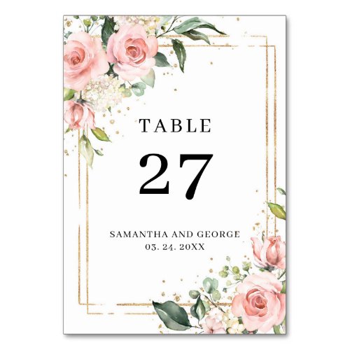 Boho blush roses and gold frame and greenery table number