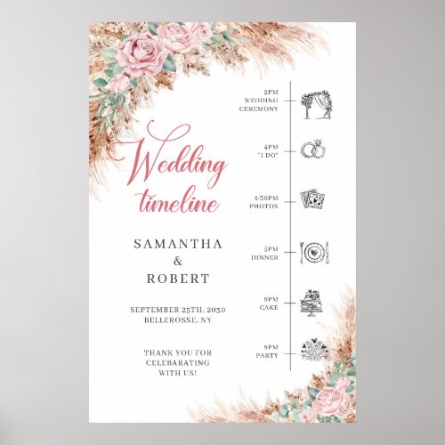 Boho blush Roses and pampas grass wedding Timeline Poster