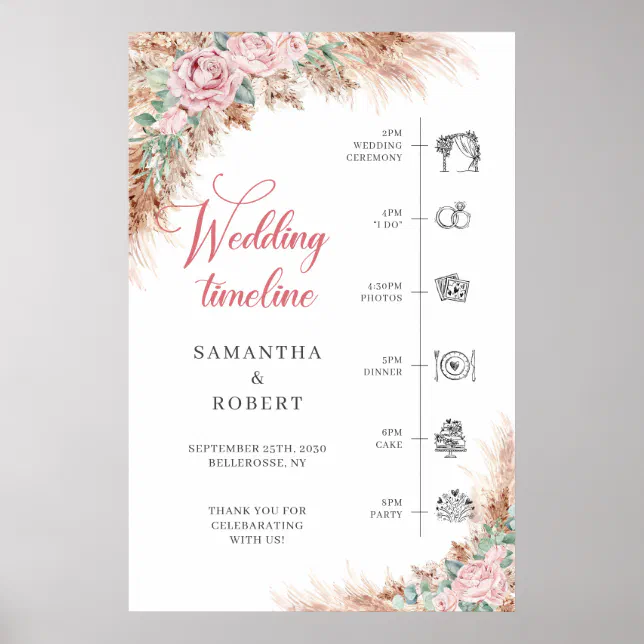 Boho blush Roses and pampas grass wedding Timeline Poster | Zazzle