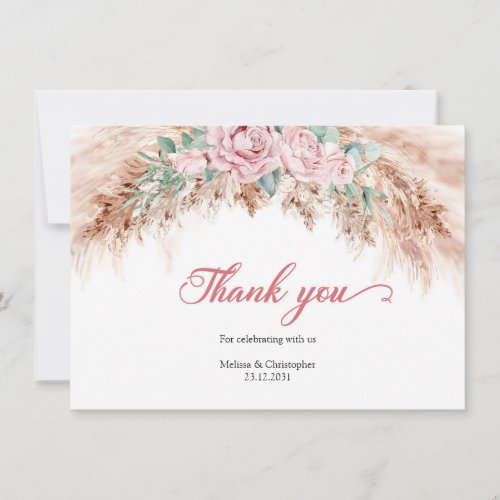 Boho Blush roses dusty pink floral pampas greenery Thank You Card
