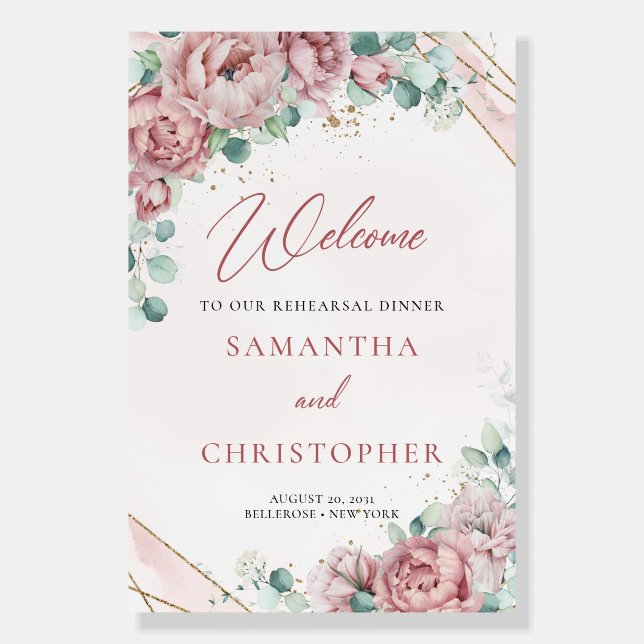 Boho blush roses eucalyptus gold rehearsal dinner  foam board (Front)