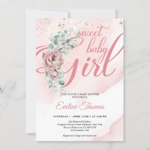 Boho blush roses eucalyptus gold sweet baby Girl Invitation