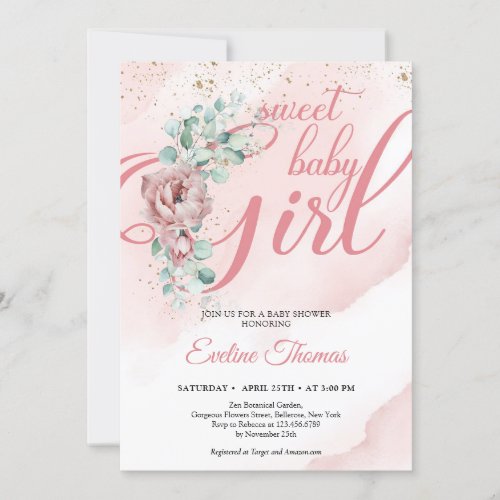 Boho blush roses eucalyptus gold sweet baby Girl Invitation