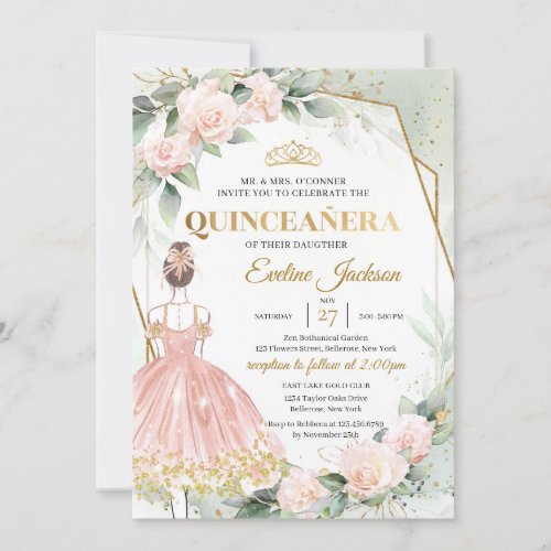 Boho blush roses gold frame ball gown Quinceanera Invitation