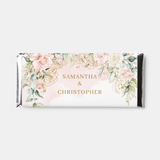 Boho blush roses gold glitter eucalyptus wedding hershey bar favors (Front)