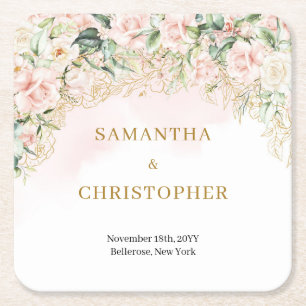 Boho blush roses gold glitter eucalyptus wedding square paper coaster