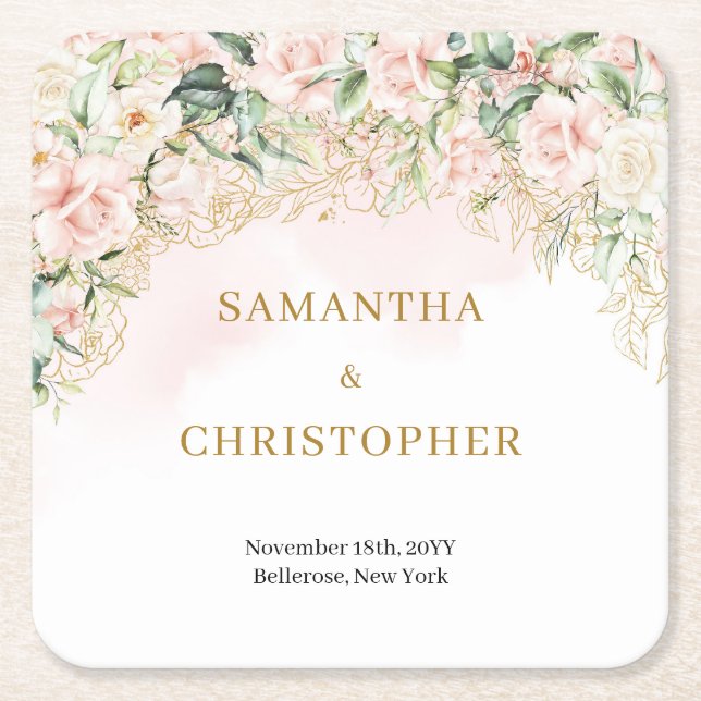 Boho blush roses gold glitter eucalyptus wedding square paper coaster (Front)