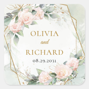 Boho blush roses green gold frame wedding sticker