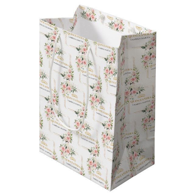Boho blush roses green gold Quinceañera Gift Bag (Front Angled)