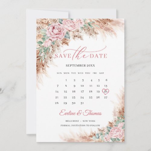Boho blush Roses Greenery and pampas grass  Save The Date