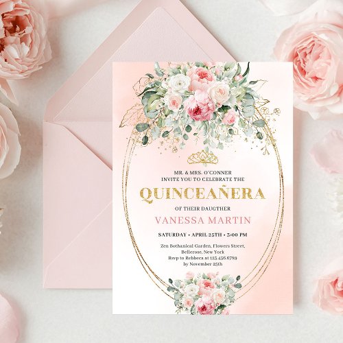Boho Blush Roses Greenery Quinceañera Invitation