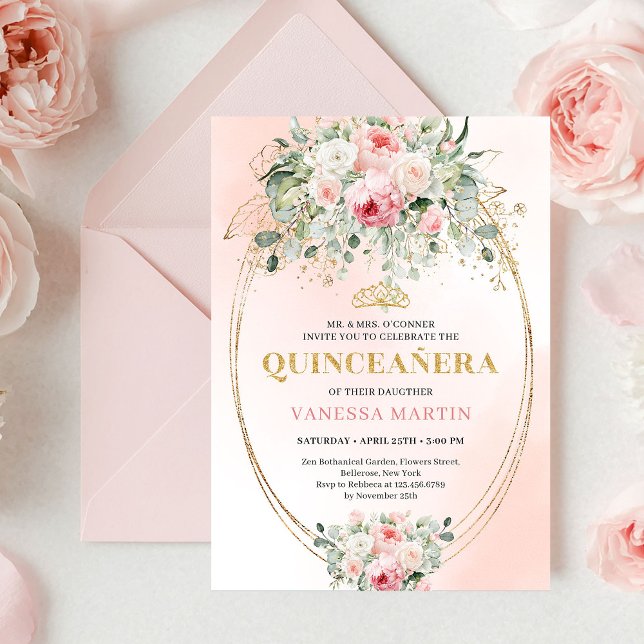 Boho Blush Roses Greenery Quinceañera Invitation (Boho Blush Roses Greenery Quinceañera Invitation

)