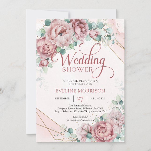 Boho blush roses peonies eucalyptus wedding shower invitation (Front)