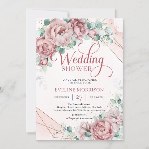 Boho blush roses peonies eucalyptus wedding shower invitation