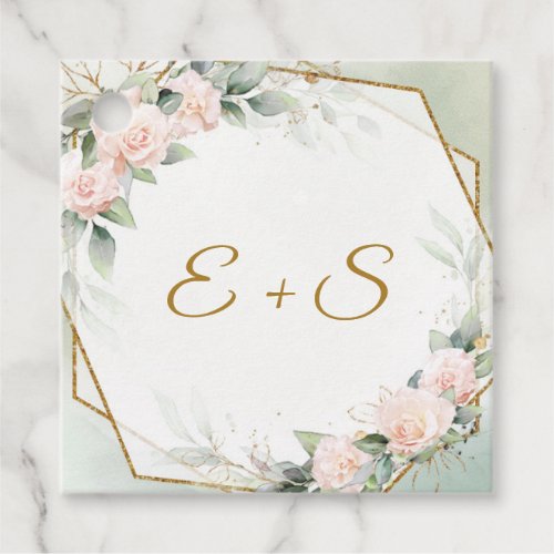 Boho blush roses peonies gold green name initials favor tags