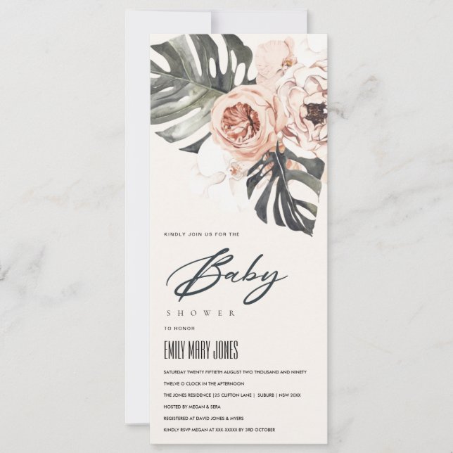 BOHO BLUSH RUST FLORAL MONSTERA BABY SHOWER INVITATION (Front)