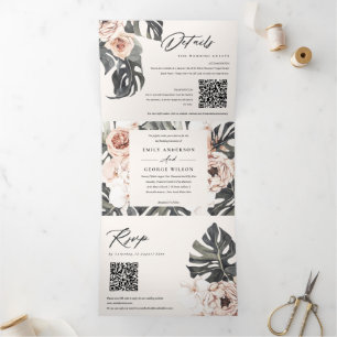Boho Blush Rust Monstera Floral 2 QR Code Wedding Tri-Fold Invitation