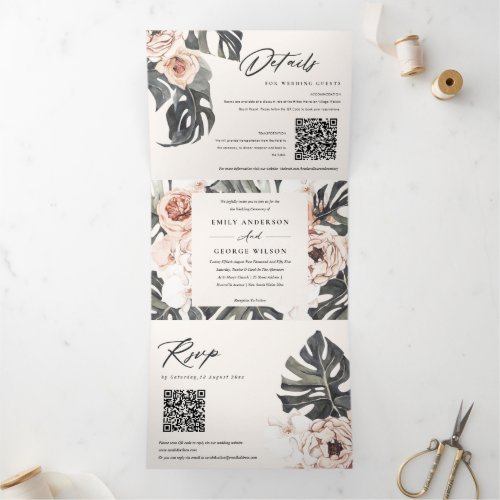 Boho Blush Rust Monstera Floral 2 QR Code Wedding Tri_Fold Invitation