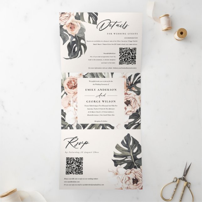 Boho Blush Rust Monstera Floral 2 QR Code Wedding Tri-Fold Invitation (Inside)
