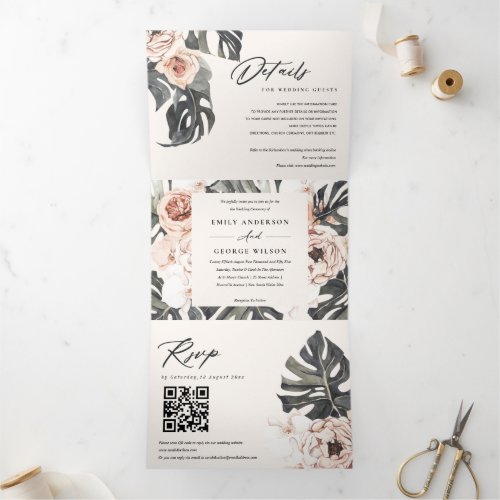 Boho Blush Rust Monstera Floral QR Code Wedding Tri_Fold Invitation