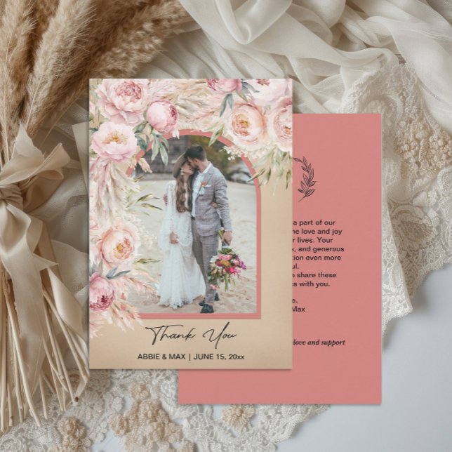 Boho Blush Terracotta Arch Photo Monogram Wedding  Thank You Card (Boho blush pink floral, terracotta, and pampas grass arch-photo wedding thank you card)