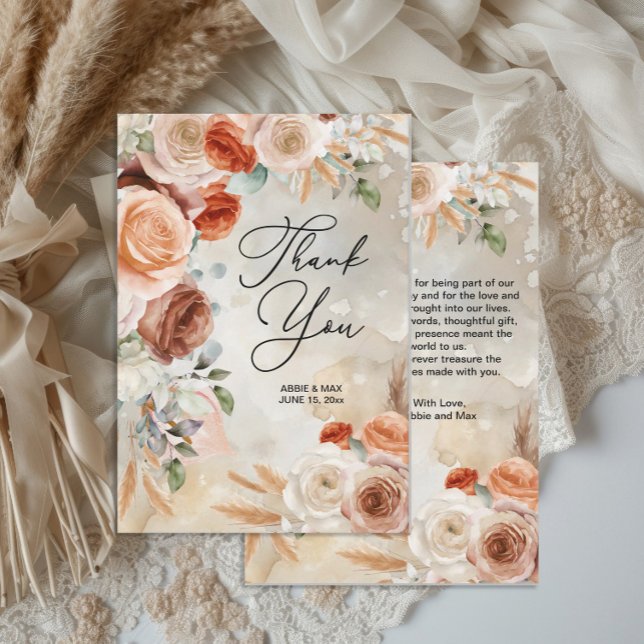 Boho Blush Terracotta Cream Floral Wedding  Thank You Card (Boho floral wedding thank you card)