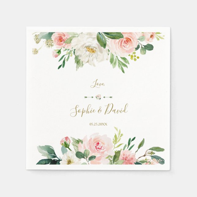 Boho Blush White Flowers Handwriting Wedding Napkins (Front)