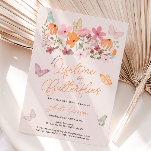 Boho blush wildflowers butterflies bridal shower invitation