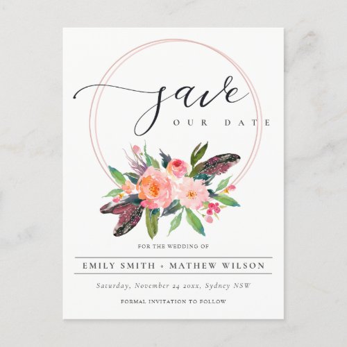 BOHO BLUSH WREATH FLORAL COUNTRY SAVE THE DATE ANNOUNCEMENT POSTCARD