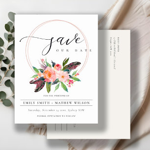 BOHO BLUSH WREATH FLORAL COUNTRY SAVE THE DATE ANNOUNCEMENT POSTCARD