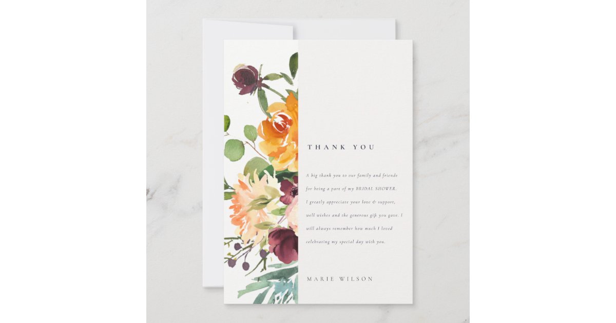 Boho Blush Yellow Orange Floral Bridal Shower Thank You Card | Zazzle