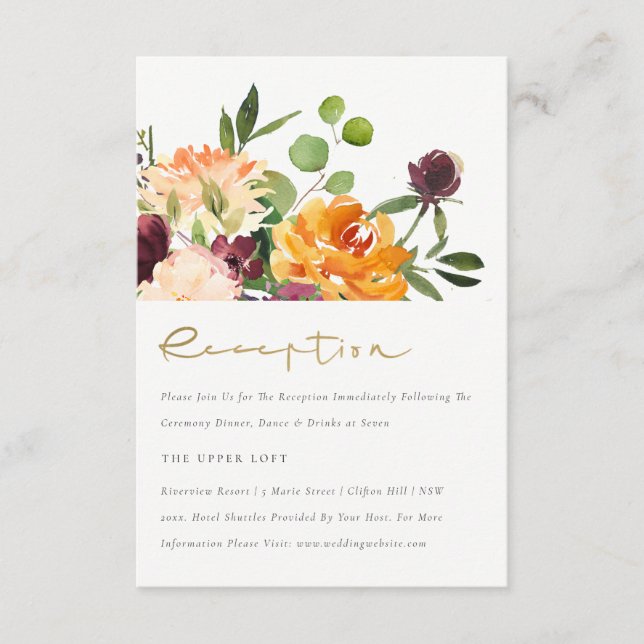 Boho Blush Yellow Orange Floral Bunch Reception  Enclosure Card (Front)