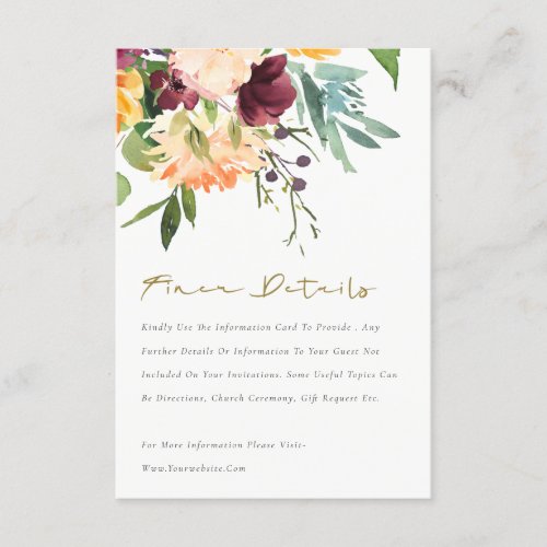 Boho Blush Yellow Orange Floral Wedding Detail Enclosure Card