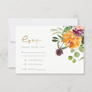 Boho Blush Yellow Orange Floral Wedding RSVP Card