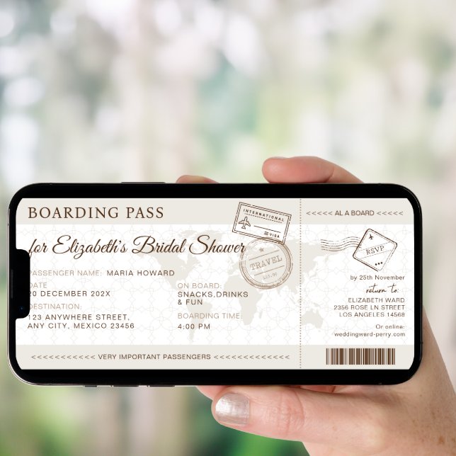 Boho Boarding Pass Destination Bridal Shower Invitation (Front Digital)