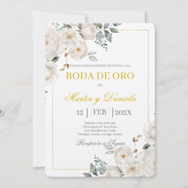 Boho boda de oro con flor blanca invitation (Front)