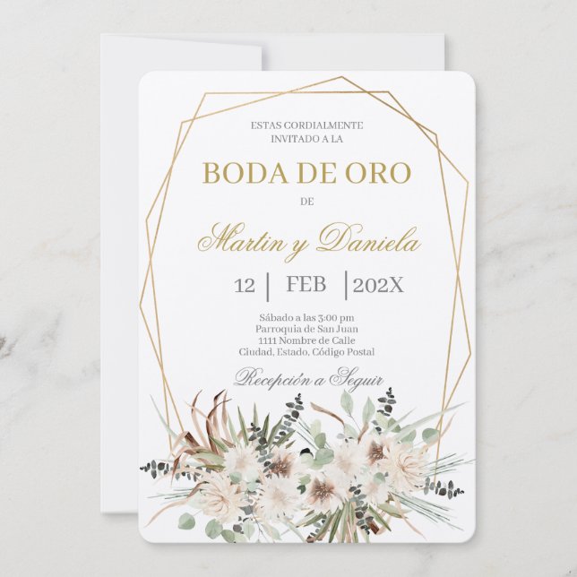 Boho boda de oro con flor blanca invitation (Front)