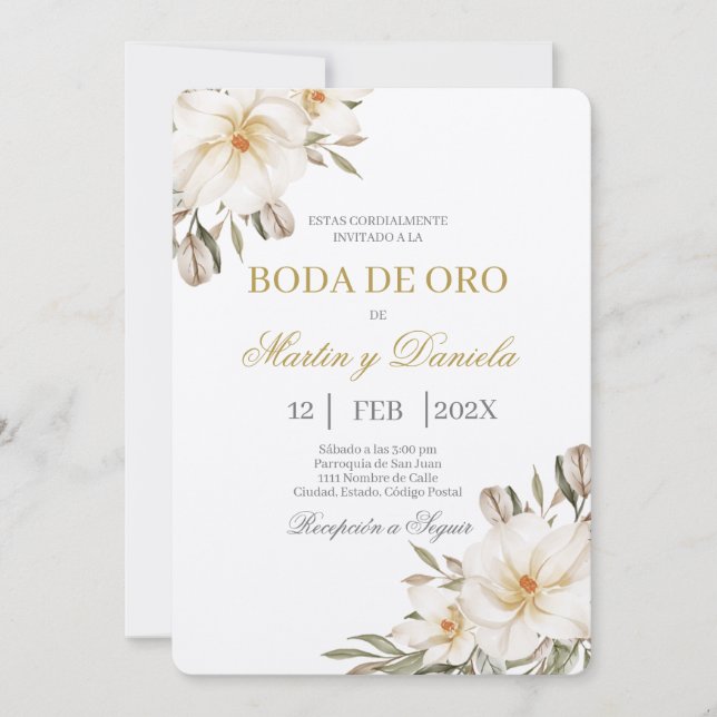 Boho boda de oro con flor blanca invitation (Front)