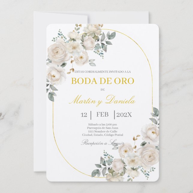 Boho boda de oro con flor blanca invitation (Front)