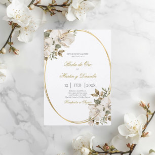 Boho boda de oro con flor blanca invitation