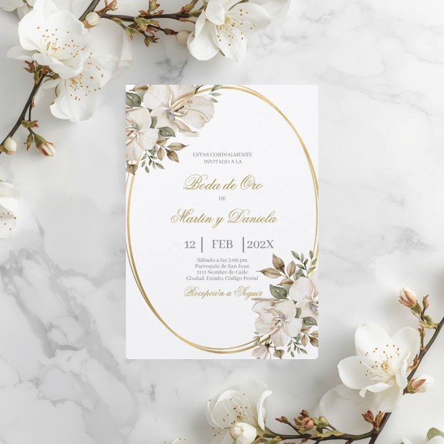 Boho boda de oro con flor blanca invitation (Creator Uploaded)