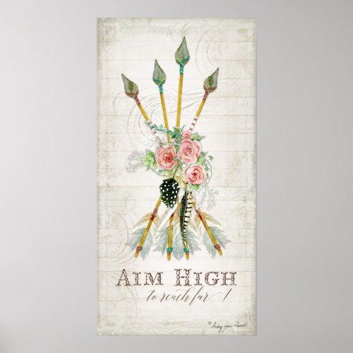 Boho Bohemian Aim High Arrows Feathers Rustic Wood Poster