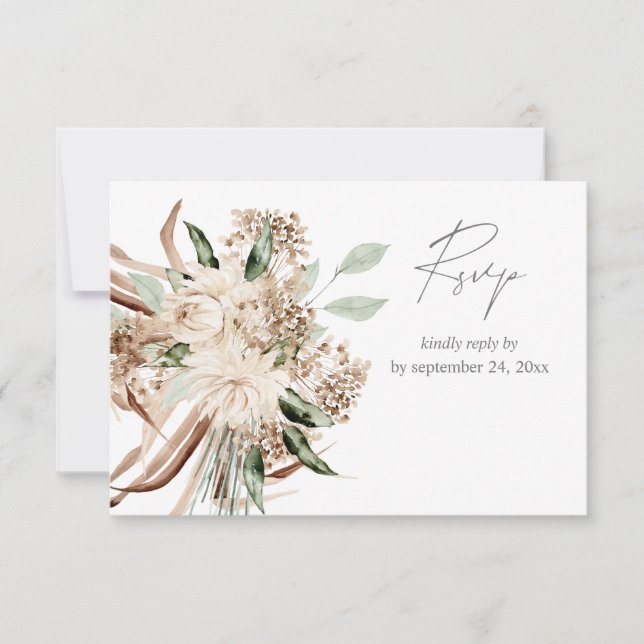 Boho Bohemian Beige Floral with Meal RSVP Card (Front)