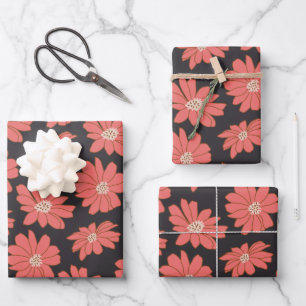 Boho Bohemian Botanical Flowers in Navy and Red Wrapping Paper Sheets