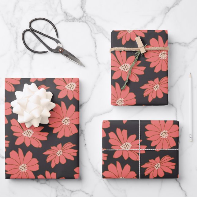 Boho Bohemian Botanical Flowers in Navy and Red Wrapping Paper Sheets (Front)