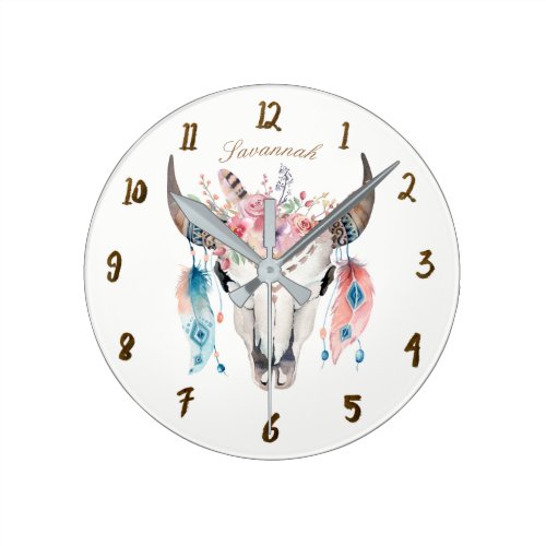 Boho Bohemian Cow Skull Horns Floral Feathers Round Clock