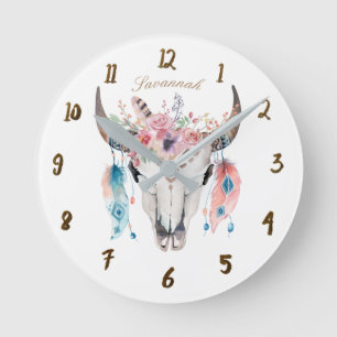 Boho Bohemian Cow Skull Horns Floral Feathers Round Clock