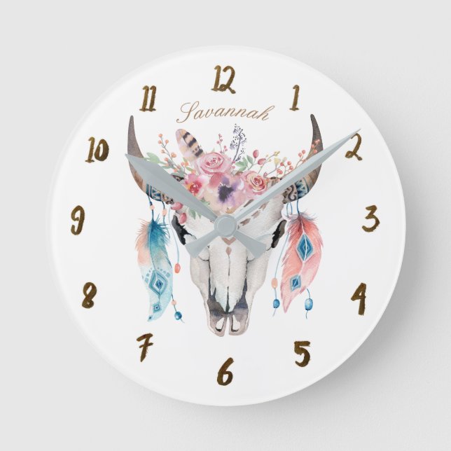 Boho Bohemian Cow Skull Horns Floral Feathers Round Clock (Front)